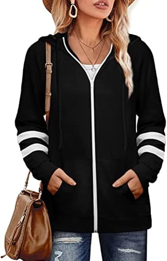 Womens Long Sleeve Zip Up Hoodies Striped Drawstring Hooded Sweatshirt with Kangaroo Pocket