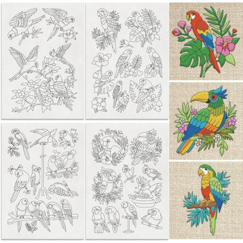 DOODLREAM 31 unidades de patrón de bordado estabilizadores con loro en AST 29,7 x 21 cm, grande, soluble en agua, pegatinas de bordado con diseño de pájaro, 4 hojas de papel de bordado para coser a
