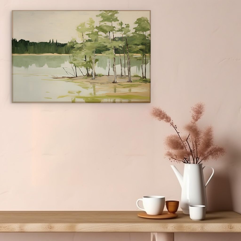 Canvas for Living room. Whispers of Serenity: A Lakeside Reverie in Greens and Yellows, 27 x 18 inch Canvas Wall Art - Beach Sunsets And Sunrises - Modern Home Decor