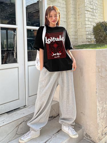 Image of LEOTUDE Women's Oversized Round Neck Half Sleeve Cotton Blend Graphic Printed T-Shirt | Top for Women & Girls (Color: Blue)