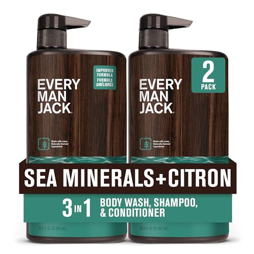Every Man Jack Sea Minerals + Citron Hydrating Mens 3-in-1 All Over Wash for All Skin and Hair Types - Body Wash, Shampoo and Conditioner with Naturally Derived Ingredients - 28.8oz (2 Pack)