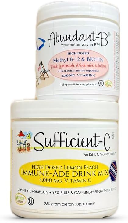 Sufficient-C 250 gram Vitamin C Immune-ade Drink Mix and Abundant-B high dose B-12 and Biotin Pink Lemonade Drink Mix Solution - Image 2