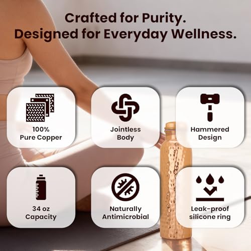 Craft Trade Printed Pure Copper Bottle with Lid and Carry Bag for Drinking Water BPA Free Leak Proof Boosts Immunity, Supports Digestive & Ayurveda Inspired 34oz - 1 Litre (2, Natural Copper)