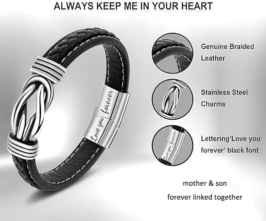 To My Son/Grandson Bracelet From Mom Grandmother, Forever Linked Together Bracelets Infinity Knot Leather Braided Bracelet Black Love You Forever Engraved Bracelet Jewelry Gift - Image 7