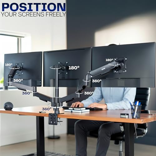 Image of VIVO Triple Monitor Stand, Fully Adjustable Arms for 17 to 27 inch Screens, Mechanical Articulating Desk Mount, Gaming and Office Setups, VESA 75x75, 100x100, Max 19.8 lbs, Classic, Black, STAND-V003O