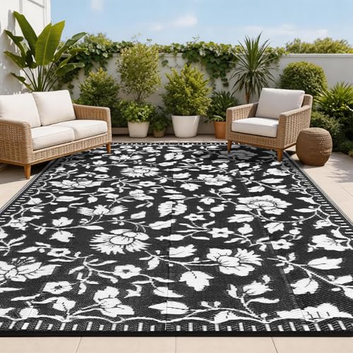 Garvee Waterproof Outdoor Rug 10x14 Large Floral Outdoor Camping Rug with Portable Bag, Reversible Plastic Straw Rugs Vintage UV Resistant Mats for Ba