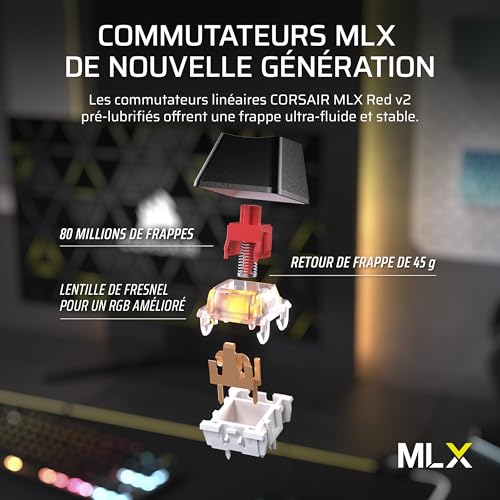Corsair K70 Core TKL RGB Clavier de Jeu Mécanique sans Clé – Interrupteurs Linéaires MLX Red v2 Pré-Lubrifiés – Double Couche d'Atténuation du Son – Capuchons de Clé en ABS – AZERTY FR – Noir