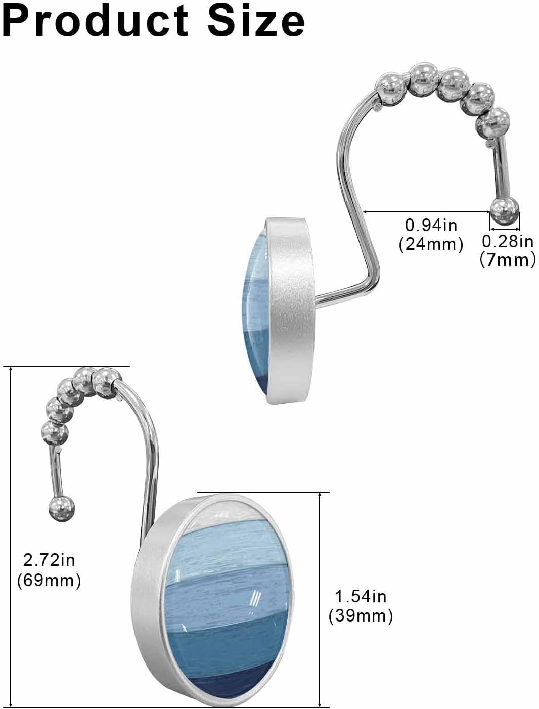 Shower Curtain Hooks 12 Pcs Navy Blue Striped Gradient Rustic Wood Board Stainless Steel Rust Proof Rolling Shower Curtain Rings, Decorative Shower Curtain Hooks Hangers for Bathroom