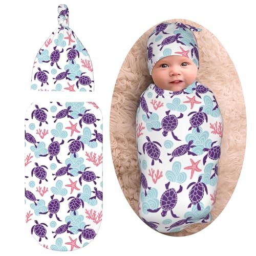Image of Sea Turtle Ocean Coastal Newborn Swaddle Blankets Baby Stuff Soft Swaddle Sack Swaddling Blanket with Beanie Sets Gifts For Infant Boys Girls
