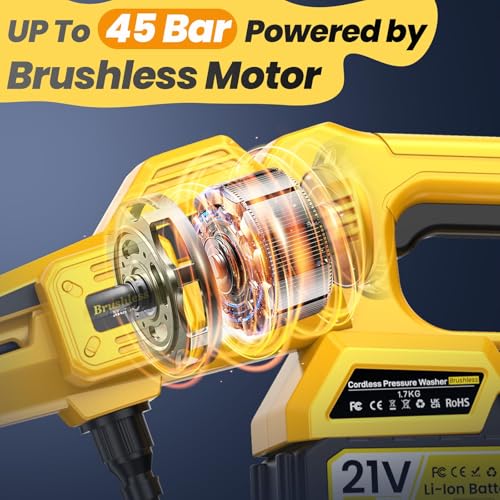 Tragbarer sukaudiz Hochdruckreiniger in Schwarz-Rot zeigt LED-Display mit Druckstufen 45-65 Bar und Akku-Stand an