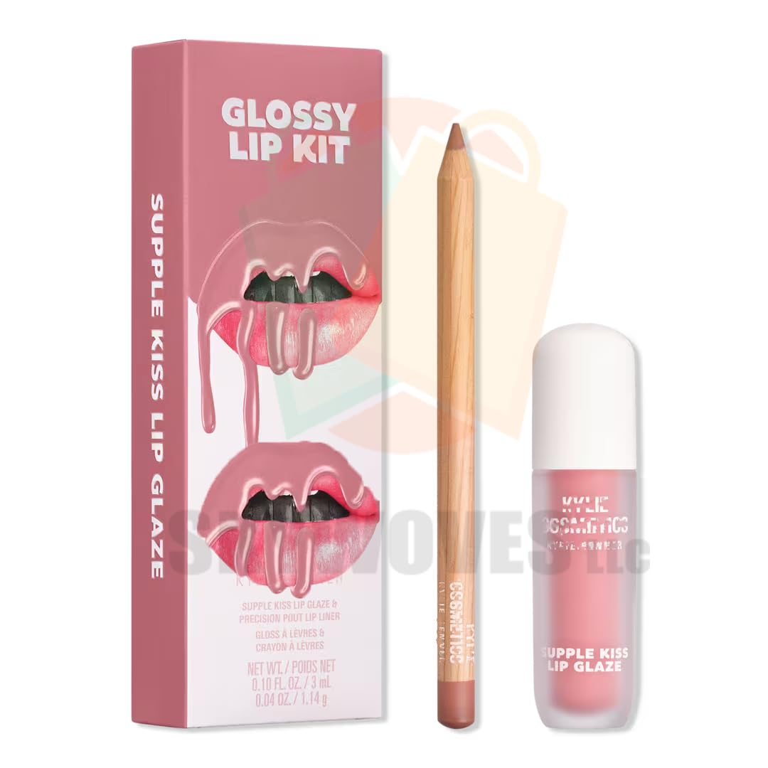 KYLIE Glossy Lip Kit contoured shades + glossy finish | Color Kylie, a Soft Dusty Rose - 2 piece Liner and Glaze Set 0.04oz Crayon | 0.10 fl oz Gloss