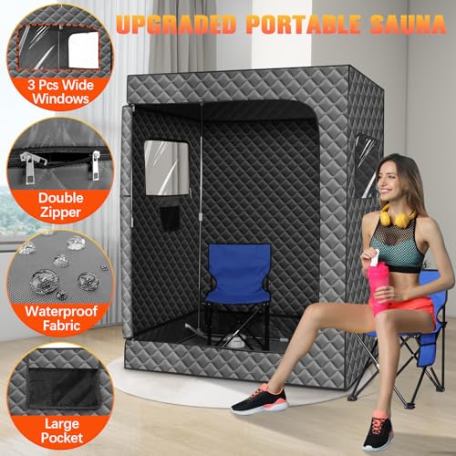 2 Person Portable Steam Sauna for Home, Extra Large Sauna Box for Relaxation, Detoxification, 2 Steamer, 2 Foldable Chair & Remote Control, Grey - Thumbnail 5