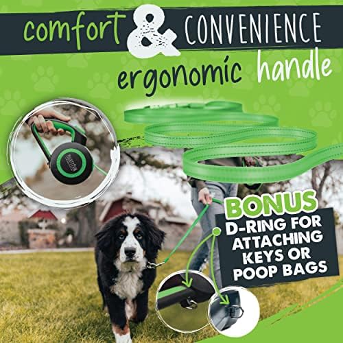 Mighty Paw Retractable Dog Leash 2.0 | 16 Heavy Duty Reflective Nylon Tape Lead for Pets Up to 110 LBS. Tangle Free Design W/ One Touch Quick-Lock Braking System & Anti-Slip Handle. (Green/Standard)