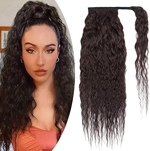 14 inches SEGO Curly Ponytail Hair Extensions Real Remy Human Hair [#1 Jet Black] Wrap Around One Piece Clip in Hairpieces Corn Wave Wavy (80g)