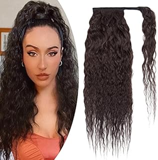 14 inches SEGO Curly Ponytail Hair Extensions Real Remy Human Hair [#1 Jet Black] Wrap Around One Piece Clip in Hairpieces Corn Wave Wavy (80g)