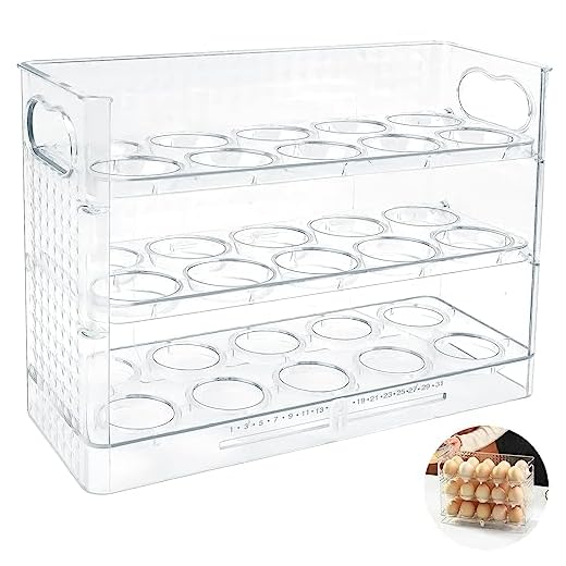 Dispensador Organizador de Huevos para Refrigerador, Caja Contenedor de Almacenamiento, Huevera Plastica 3 Capas Flip Soporta 30 Huevos Frescos, Ahorrar Espacio de Nevera Cajónes de Huevos con Asas
