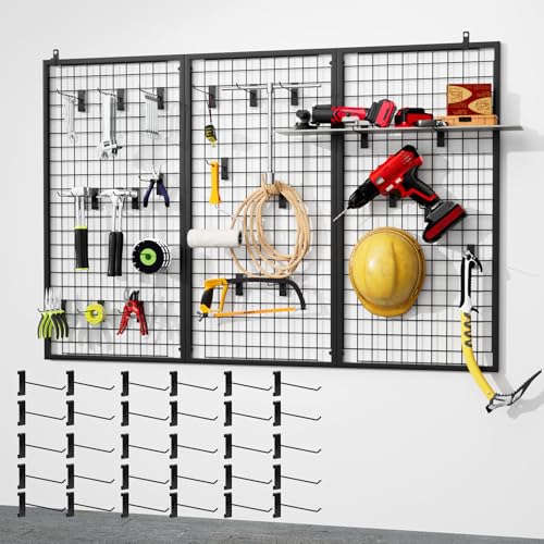 ztysn 3pcs Grid Wall Panels Display Stand -Wire Grid Hanging Rack with 30 Hooks, Freely Assembled Art Display Panels/Workshop Wall Mount Storage Rack Garage Organization