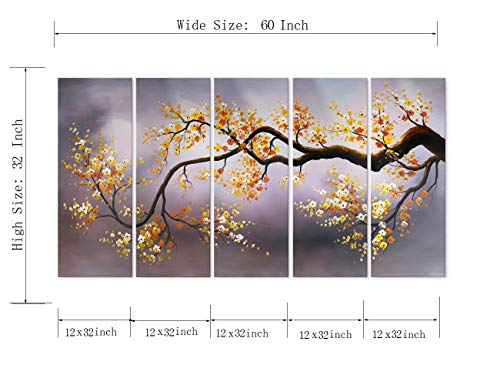 Modern Abstract Cherry Blossom Tree Wall Art Picture 5 Piece Oil Paintings On Canvas Art Print For Living Room Home Decor Framed Ready To Hang (60''W X 32''H) #TOP6