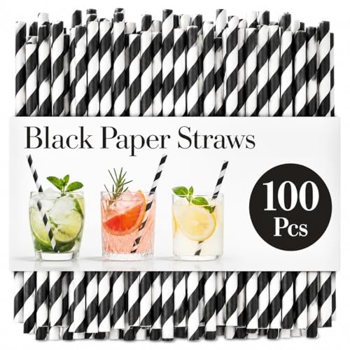 100 Pack Black Striped Paper Straws Disposable Drinking Straws for Weddings Birthdays Baby Showers Halloween Christmas Cocktails and Party Decorations