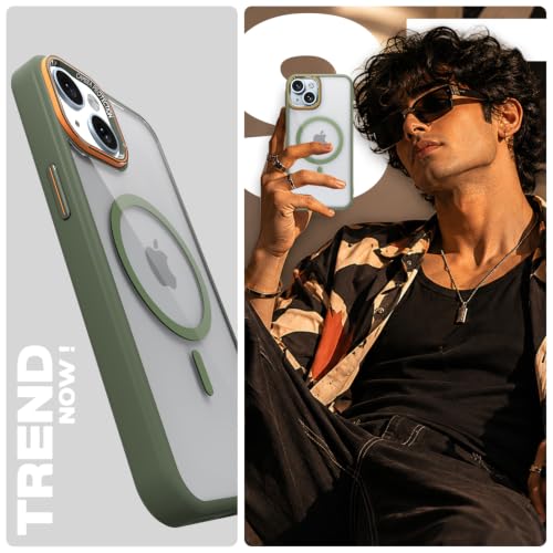 Image of Pikkme Back Cover for iPhone 15 Plus | Shockproof | Mag-Safe Compatible | Hard Transparent Back | Premium Raised Camera Protection | Bumper Case (Green Mag-Safe)