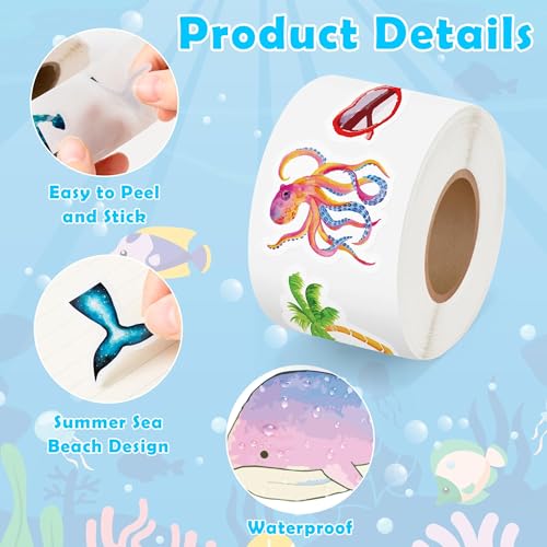 Haooryx Summer Beach Sticker Rolls, 1000 Pcs Watercolor Sea Animals - image 3