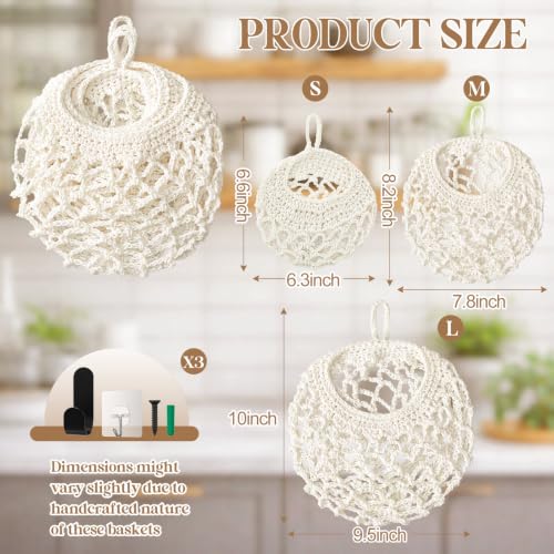 Image of Honeydak 3 Hanging Baskets, White, Crochet, Cotton Rope