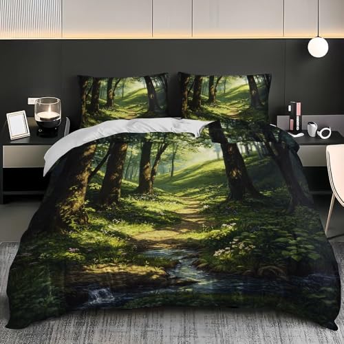 Arroyo del Bosque Antiguo Fundas Nórdicas 150x220 cm Verde Funda de Edredón 3 Piezas Microfibra Juegos de Cama Hipoalergénica Suave con Cremallera para Niños + 2 Fundas de Almohada