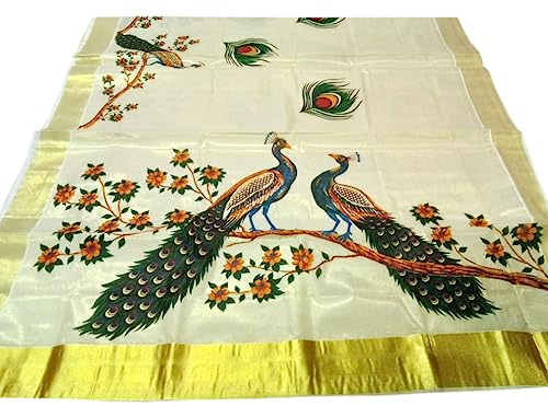 Image of Women's Mural Printed Kerala Gold Tissue Saree with Running Blouse Piece | Traditional South Indian Ethnic Saree for Festivals, Weddings & Special Occasions