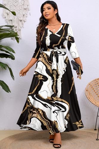 Image of Runwind Plus Size Dress for Women - 3 /4 Sleeve V Neck Maxi Dresses for Women (XL-6XL)