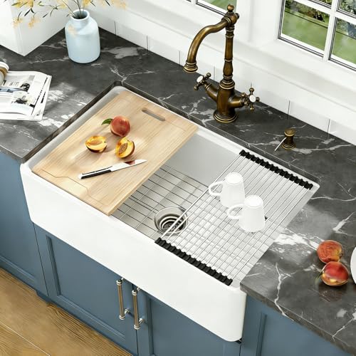 Lordear 33 Inch White Farmhouse Sink Workstation Apron Front Reversible