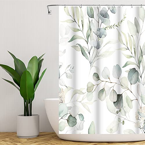 Green Eucalyptus Shower Curtain, Sage Green Shower Curtain for Bathroom Watercolor Botanical Shower Curtain Waterproof Fabric Shower Curtain Set with Hooks, 48x72 Inch