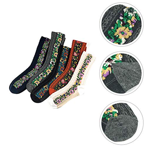 Happyyami 5 pares de meias femininas de algodão com estampa de flores, meias de cano médio, meias qu