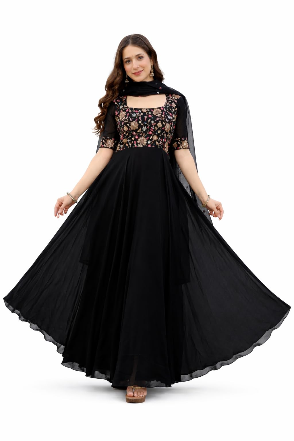 Women's Black Floral Embroidered Silk Blend Anarkali Dress with Dupatta, Long Sleeve, Maxi Length