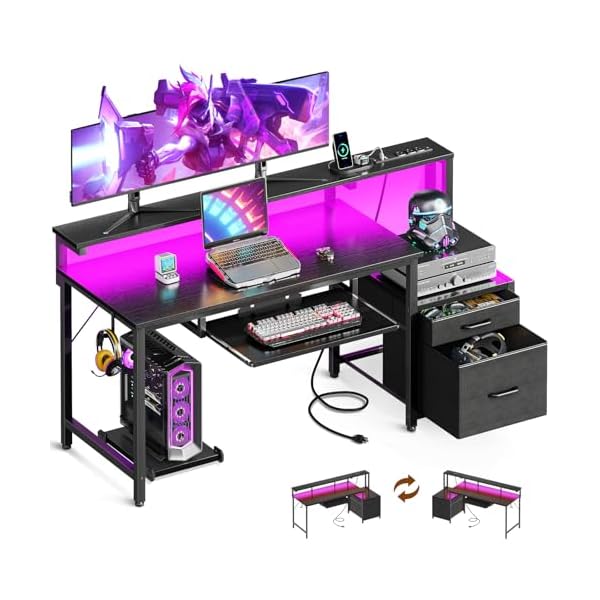AODK 55-Inch Gaming Desk with Power Outlets & LED Light, Reversible PC Desk with Fabric Drawer and File Cabinet, Computer Desk with Keyboard Tray, Table with Full Monitor Riser and PC Stand, Black