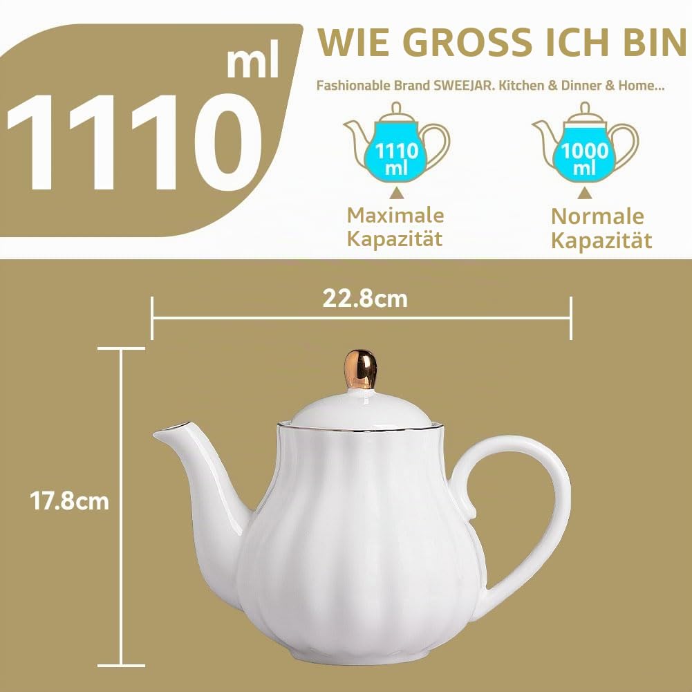 Sweejar Home Royal Teekanne, Keramik-Teekanne mit abnehmbarem Edelstahl-Teesieb, blühende & lose Blätter-Teekanne – (5–6 Tassen), 1100 ml (Jade)