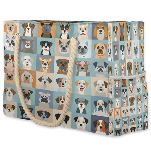 Cute Animal Dogs Puppy Large Beach Bags for Women with Zipper Beach Tote Bag Waterproof Sandproof Gym Swim Pool Grocery Travel Bag
