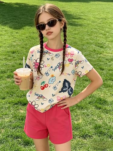 Image of Girls Clothes 2PCS Butterfly Print Short Sleeve T-Shirt + Shorts Set Teen Tween Girls Summer Outfits Set