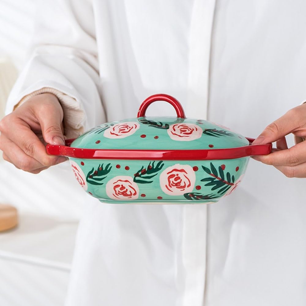 Piatto da forno Teglia rettangolare in ceramica con doppio manico floreale colorato