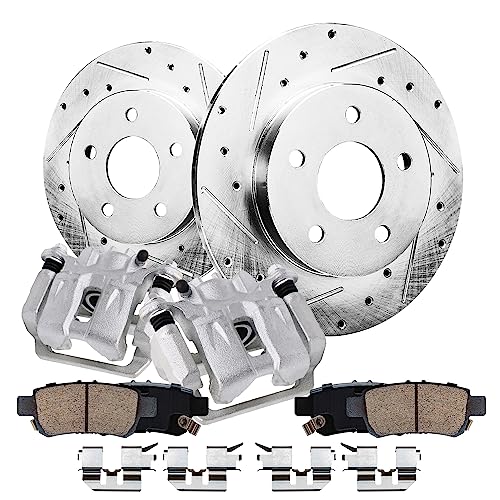 Image of Detroit Axle - 12.21 inch (313mm) Rear Drilled Brake Rotors Calipers | w /Brackets Ceramic Pads Replacement for 2005-2010 Honda Odyssey - 6pc Set