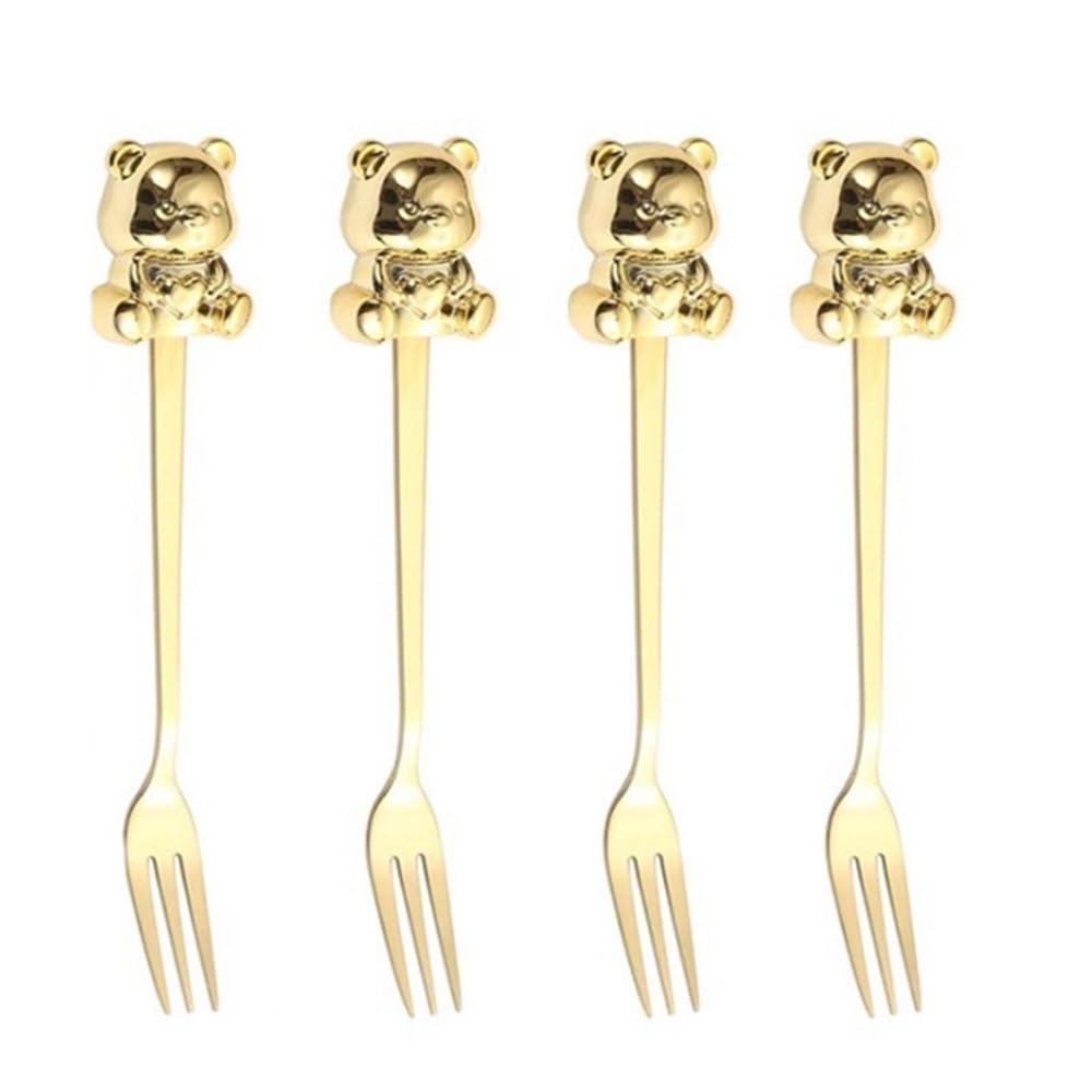 Forchette Da Frutta Cucchiaio da orso in acciaio inossidabile, forchetta da frutta, cucchiaio da dessert for torta, cucchiaio da caffè, cucchiaio da mescolare(Gold,4pcs)