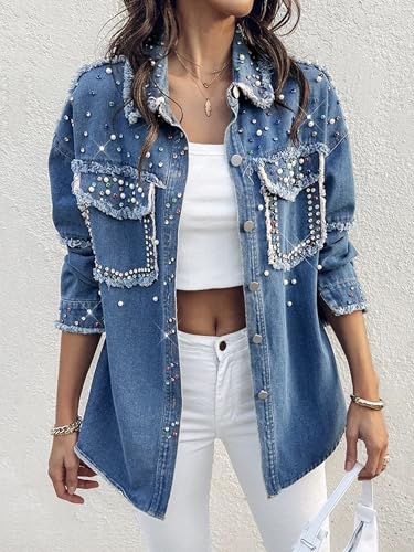 Huang's Women's Denim Jacket with Embellished Shiny Studs, Non Stretch Distressed Jean Coat3