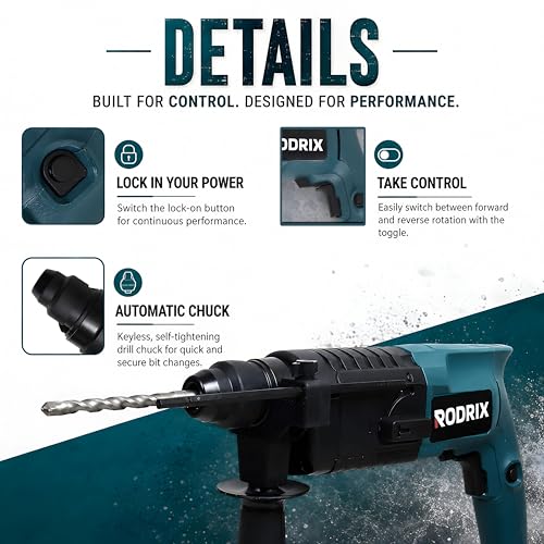 Image of RODRIX RD20 Rotary Hammer Drill Machine, 900W Copper Motor, 20mm SDS Plus Chuck, 3900 BPM, 850 RPM, 1.5J Impact Energy, 2 Modes, Forward & Reverse, 6 Months Warranty