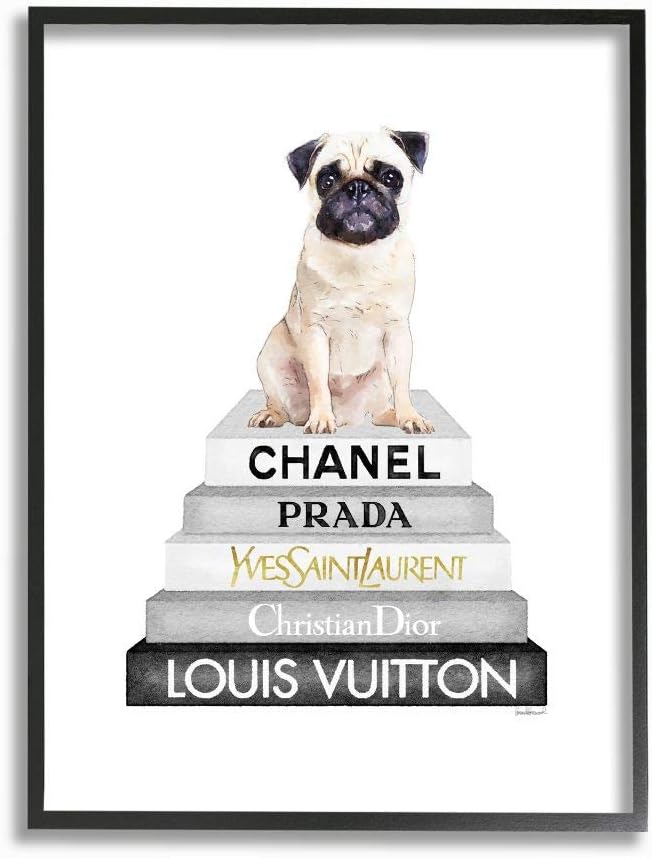Stupell Industries Glam Pug Sitting on Women's Fashion Icon Books Wall Art, 13 x 19, White