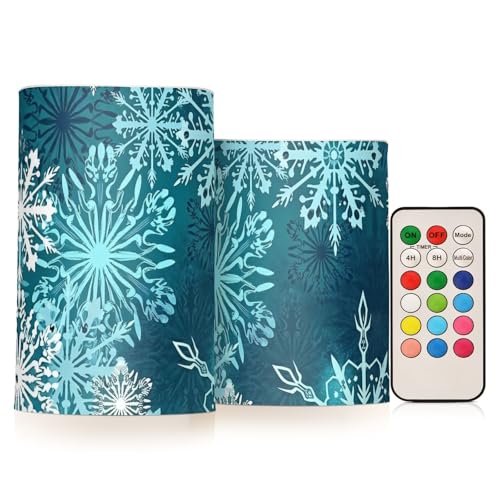 Image of Christmas Flameless Candles Teal Blue White Snowflake Pillar Candles Set of 2 Battery Operated Remote Control Warm Lights Home Decor