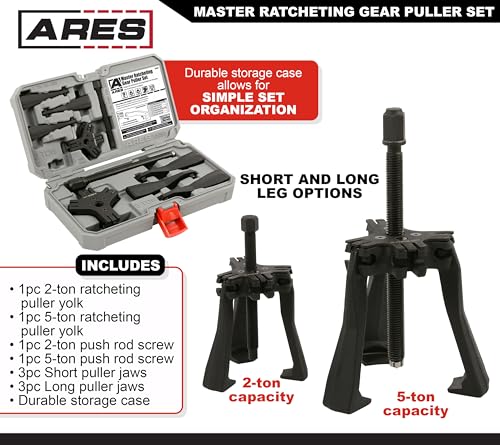 Image of ARES 15095 - Master Ratcheting Gear Puller Set - Premium Chrome Moly Steel Gear Puller Yolk Set Includes 2-Ton and 5-Ton Units - Indexing Jaws Feature Convertible 2-Leg and 3-Leg Functionality