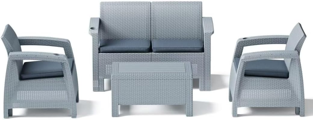 4-Seater Outdoor Sofa Set โ Silver Plastic Seating with Dark Grey Seat Cushions & Coffee Table, Weather-Resistant Patio & Garden Furniture with Built-In Cup Holders
