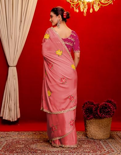 Image of SIRIL Women's Embroidery, Mirror Work, Scalloped Border Shimmer Georgette Saree With Unstitched Blouse Piece