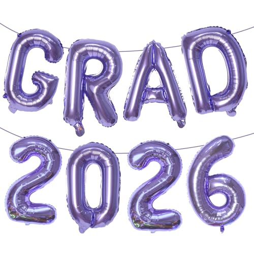 KALOR Purple GRAD 2026 Banner Balloons, 16 Inch Mylar Foil letter Graduation Balloons 2026 Sign for Graduation Party Decorations