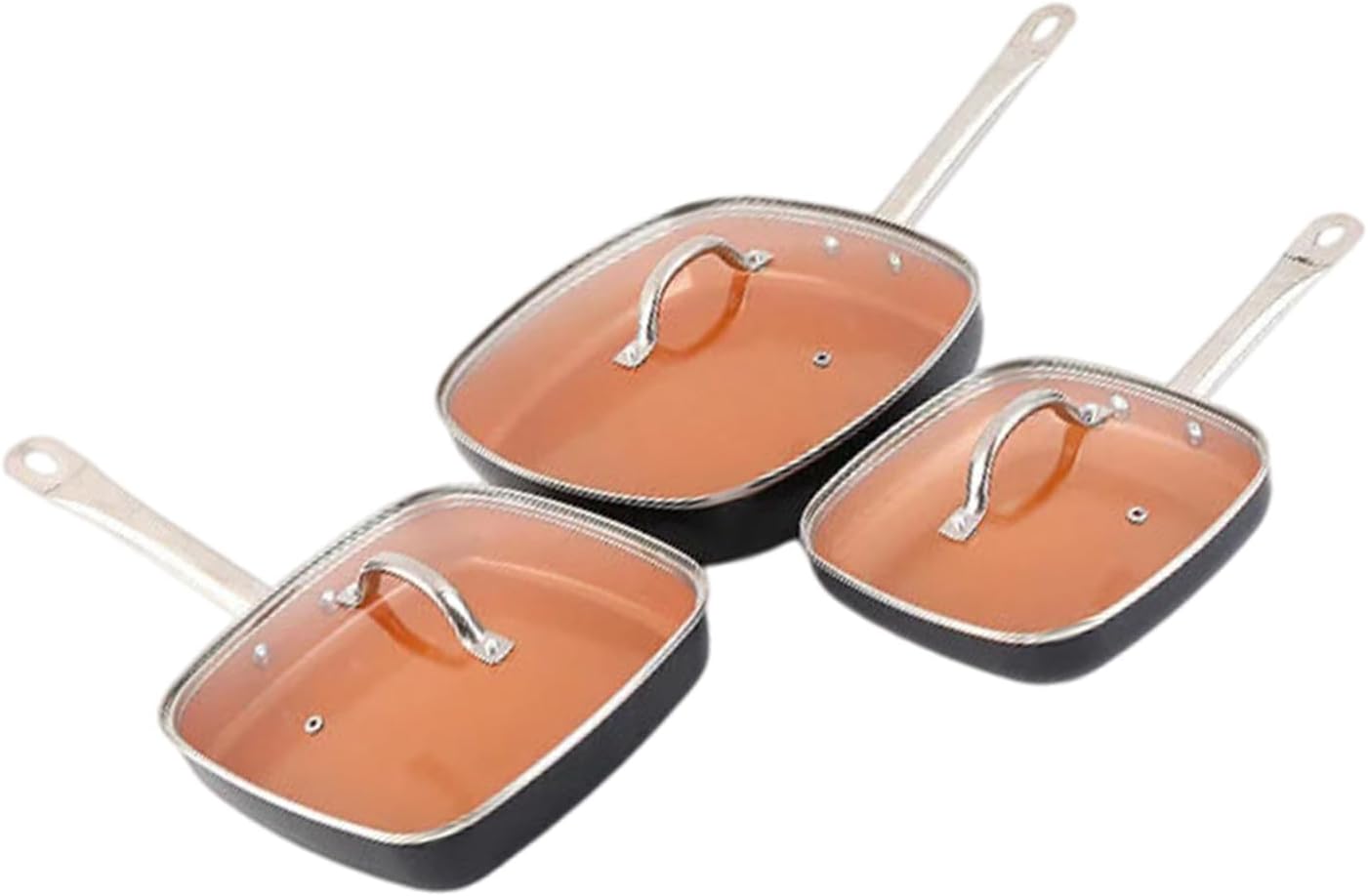 6 Piece Square Coppers Finish Aluminum Skillets Set Square Fry Pan for Efficient Heat Distribution and Easy