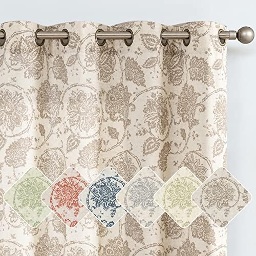 jinchan Floral Scroll Linen Curtains 63 inch Length 2 Panels Taupe Window Curtains for Bedroom Grommet Light Filtering Farmhouse Drapes for Living Room Vintage Printed Window Treatments Set